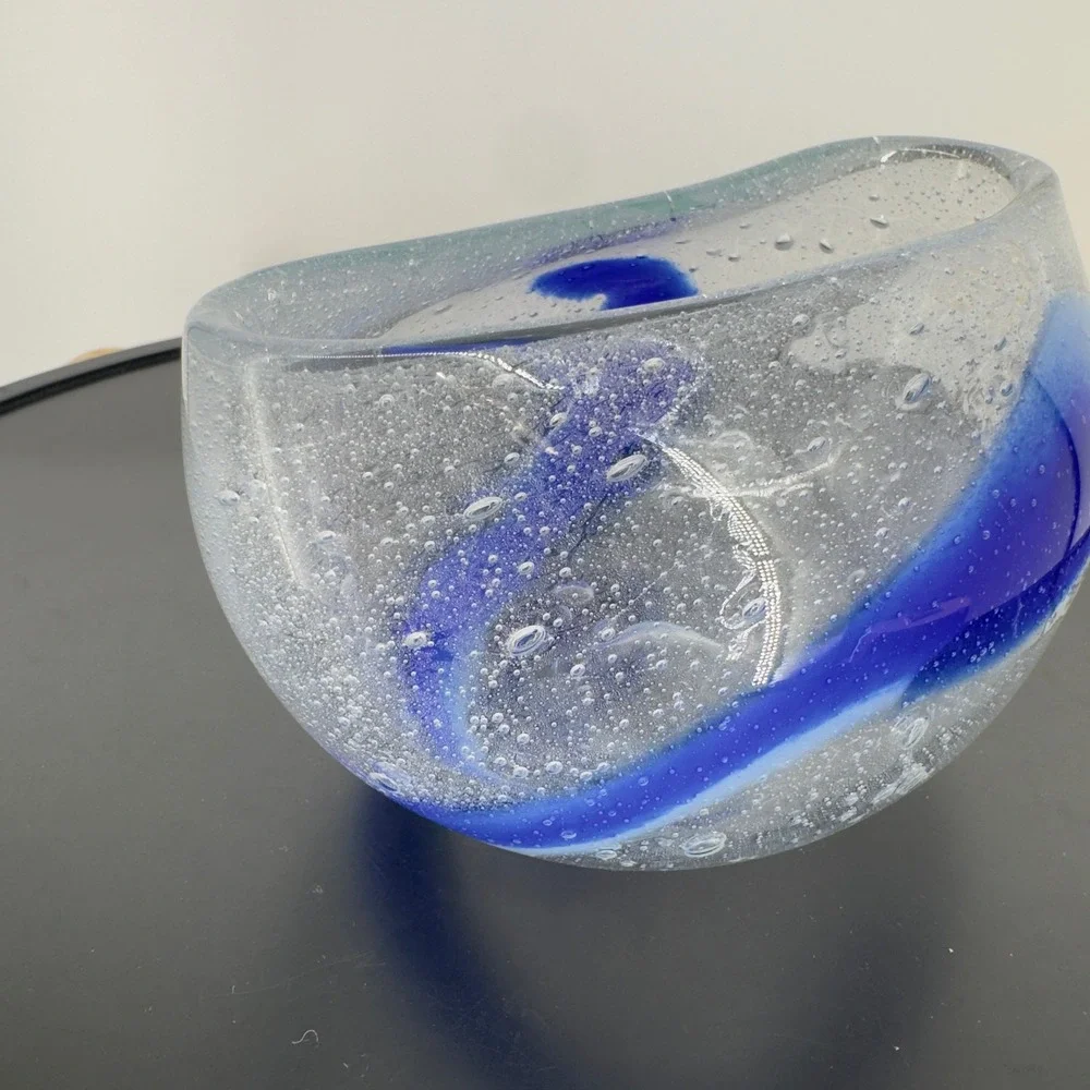 Murano Style Blown Art Glass Cobalt Blue Swirl Controlled Bubble Confetti Heavy